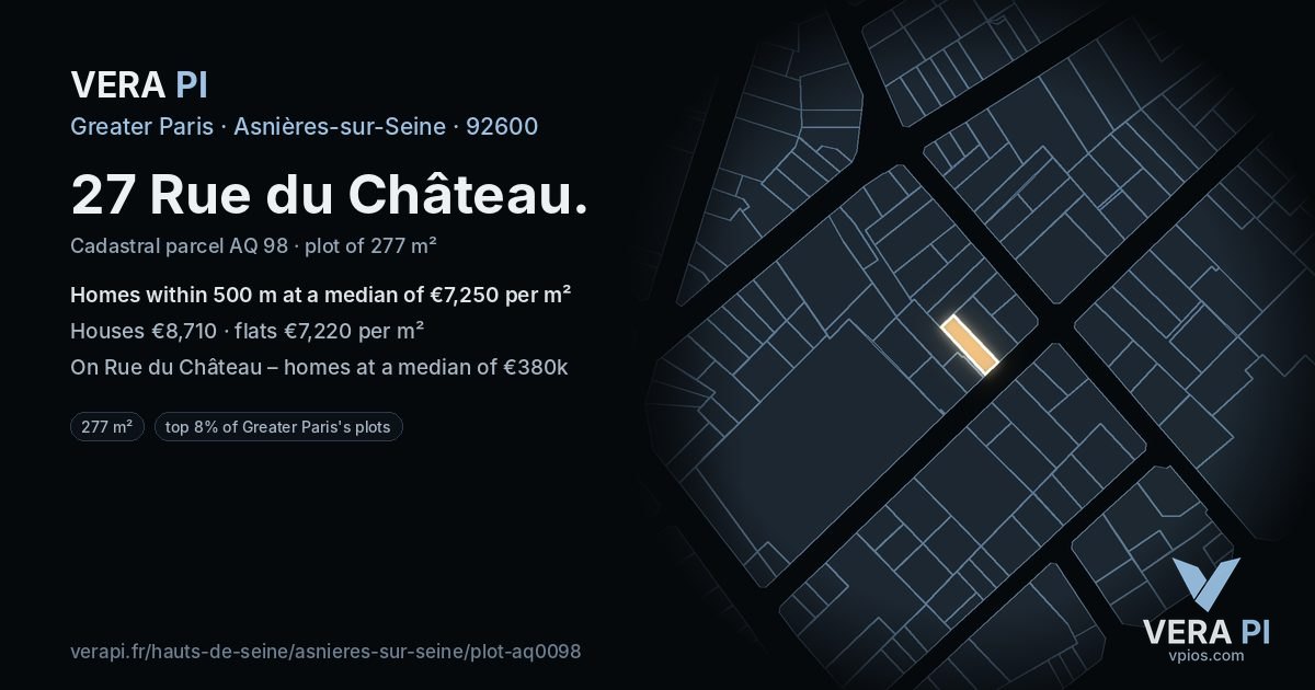 27 Rue du Château, Asnières-sur-Seine at night – the plot lit, the parcels around coloured by the prices near them
