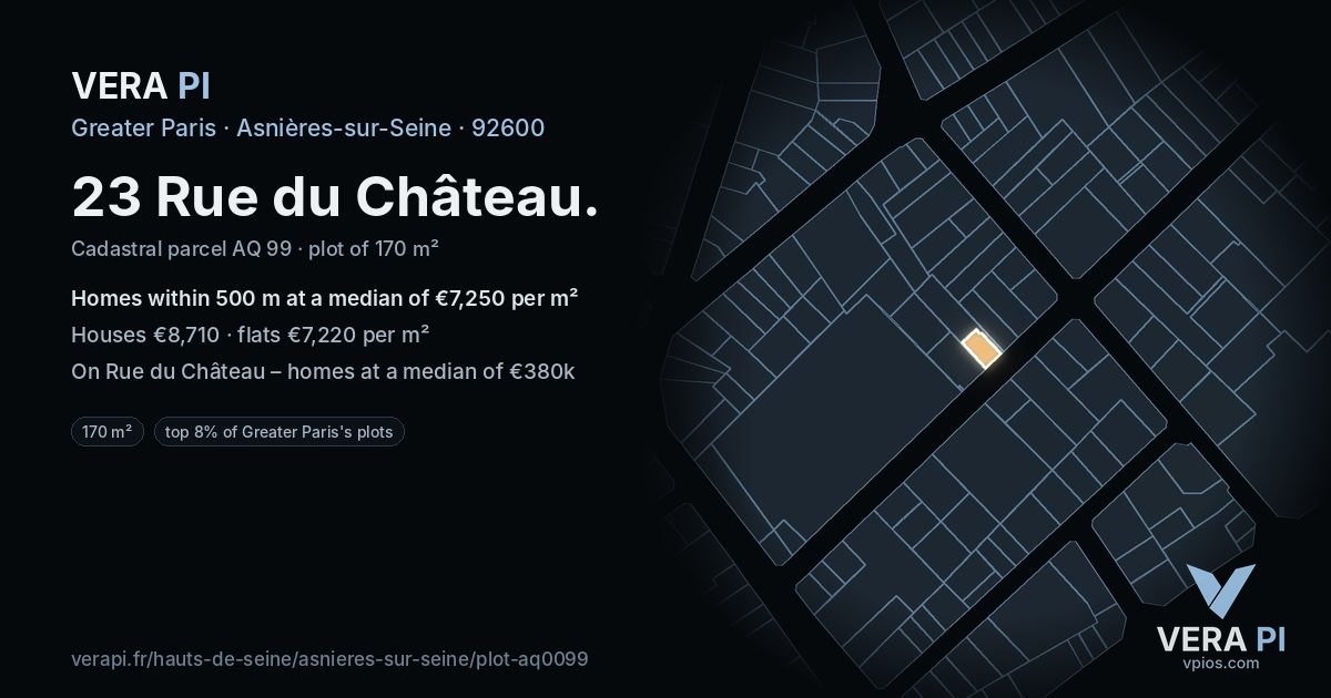 23 Rue du Château, Asnières-sur-Seine at night – the plot lit, the parcels around coloured by the prices near them
