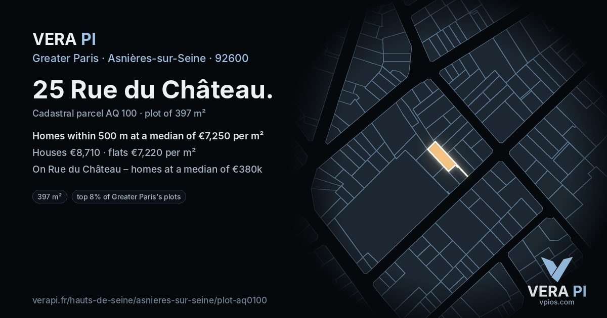 25 Rue du Château, Asnières-sur-Seine at night – the plot lit, the parcels around coloured by the prices near them