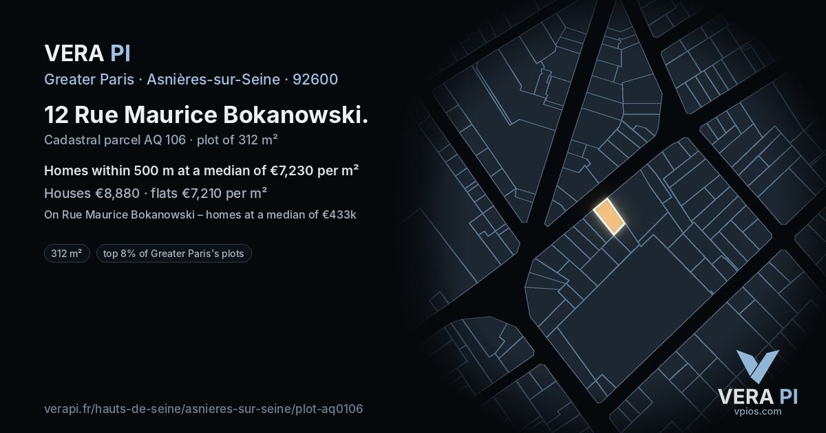 12 Rue Maurice Bokanowski, Asnières-sur-Seine at night – the plot lit, the parcels around coloured by the prices near them