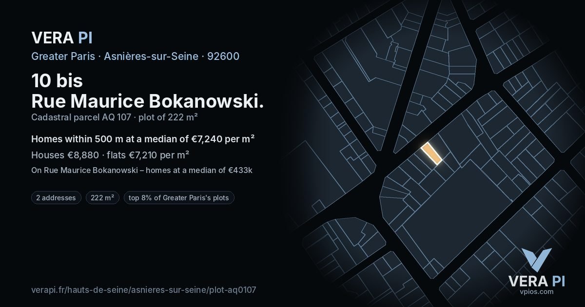 10 bis Rue Maurice Bokanowski, Asnières-sur-Seine at night – the plot lit, the parcels around coloured by the prices near them