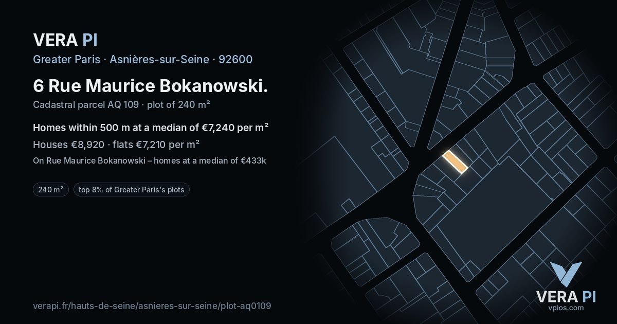 6 Rue Maurice Bokanowski, Asnières-sur-Seine at night – the plot lit, the parcels around coloured by the prices near them