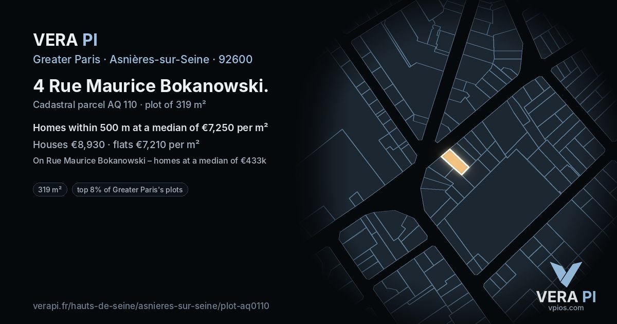 4 Rue Maurice Bokanowski, Asnières-sur-Seine at night – the plot lit, the parcels around coloured by the prices near them