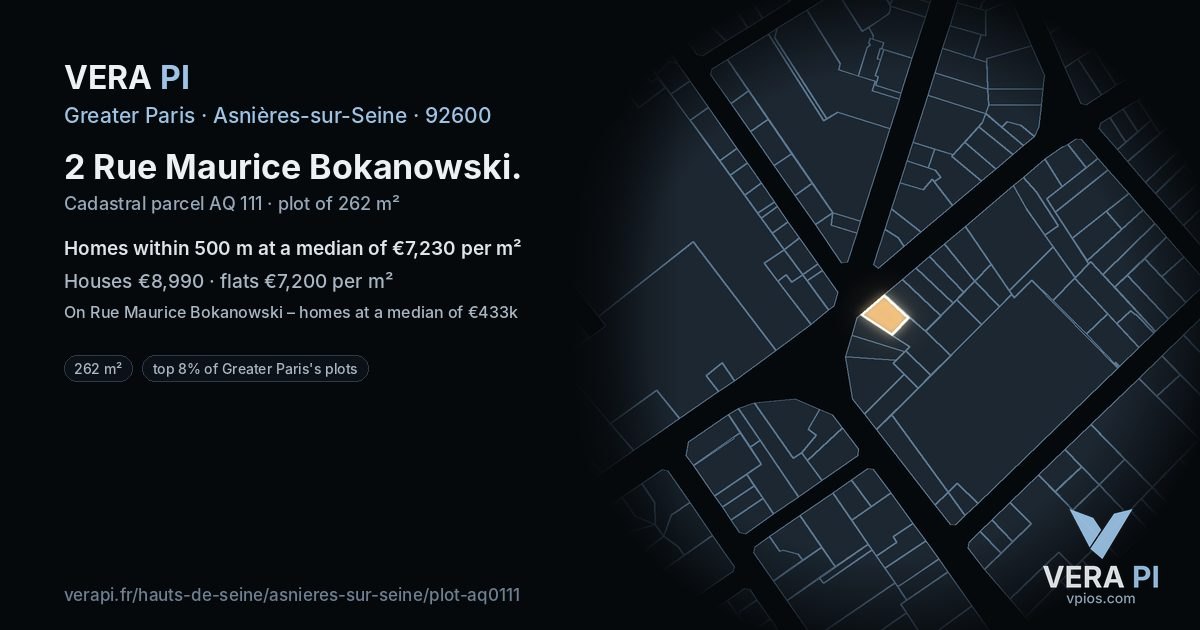 2 Rue Maurice Bokanowski, Asnières-sur-Seine at night – the plot lit, the parcels around coloured by the prices near them