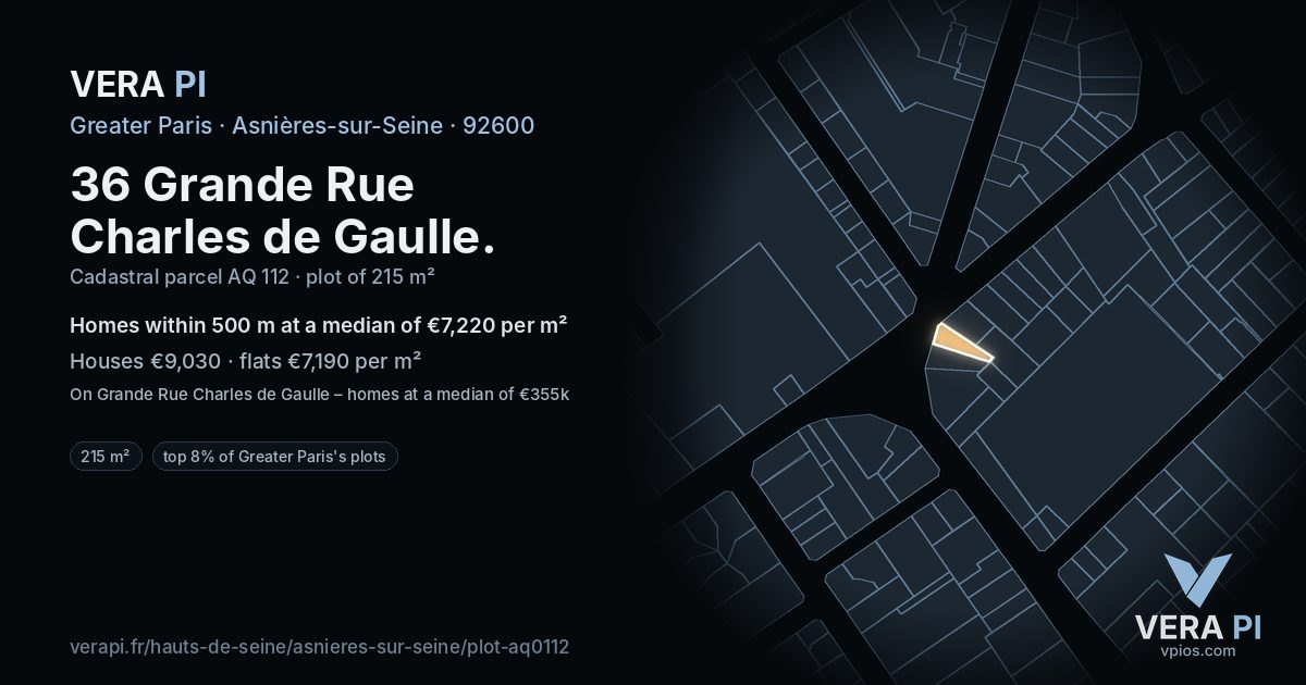 36 Grande Rue Charles de Gaulle, Asnières-sur-Seine at night – the plot lit, the parcels around coloured by the prices near them