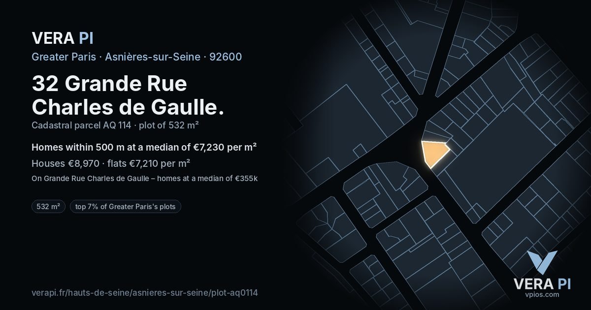 32 Grande Rue Charles de Gaulle, Asnières-sur-Seine at night – the plot lit, the parcels around coloured by the prices near them