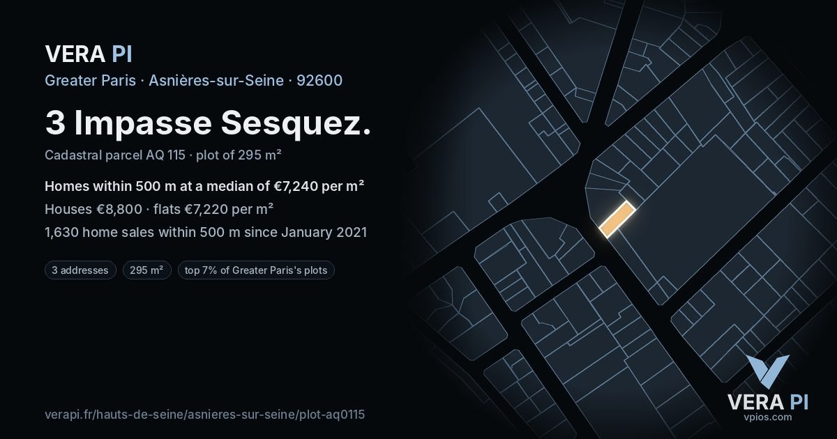 3 Impasse Sesquez, Asnières-sur-Seine at night – the plot lit, the parcels around coloured by the prices near them