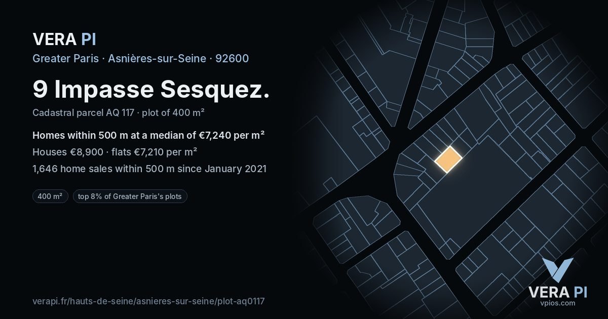 9 Impasse Sesquez, Asnières-sur-Seine at night – the plot lit, the parcels around coloured by the prices near them
