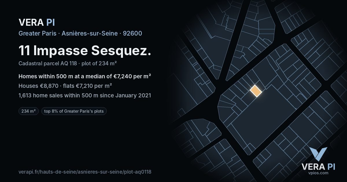 11 Impasse Sesquez, Asnières-sur-Seine at night – the plot lit, the parcels around coloured by the prices near them
