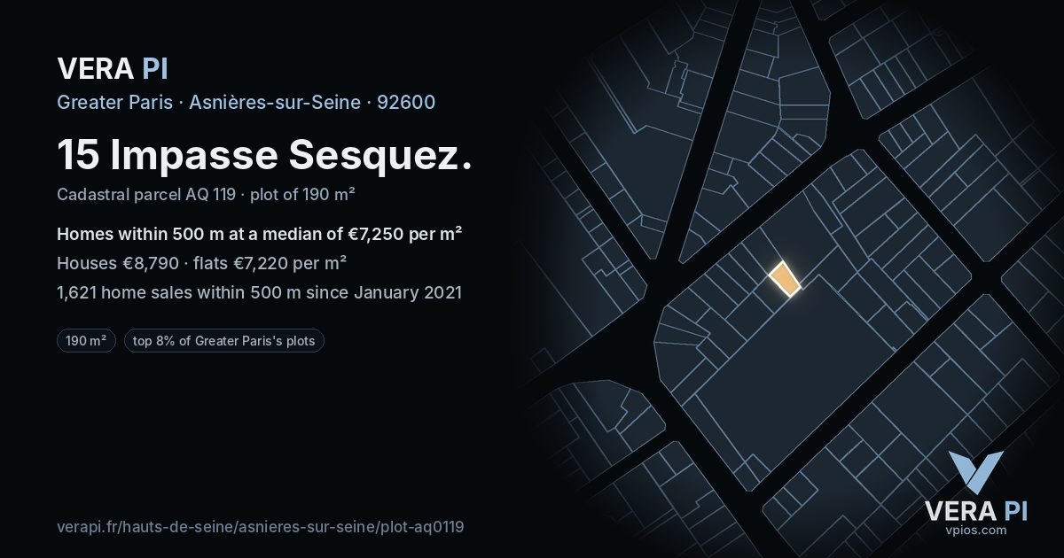 15 Impasse Sesquez, Asnières-sur-Seine at night – the plot lit, the parcels around coloured by the prices near them