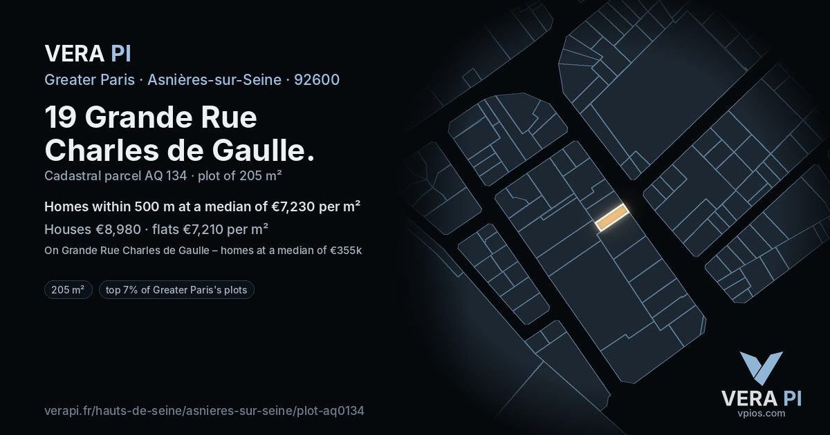 19 Grande Rue Charles de Gaulle, Asnières-sur-Seine at night – the plot lit, the parcels around coloured by the prices near them