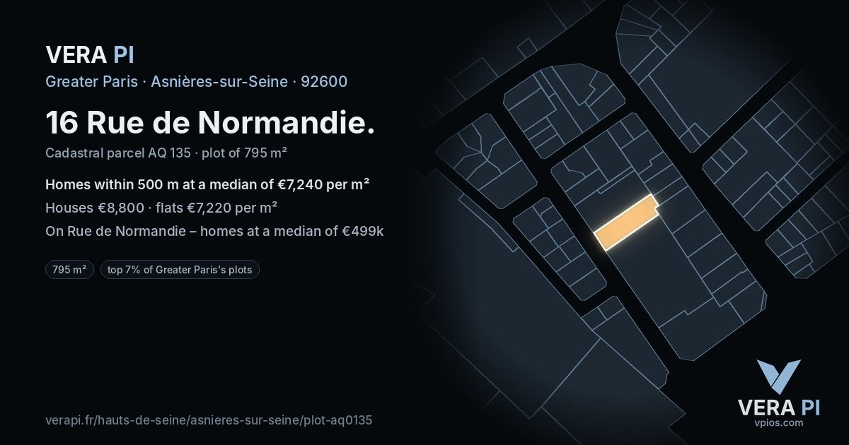 16 Rue de Normandie, Asnières-sur-Seine at night – the plot lit, the parcels around coloured by the prices near them