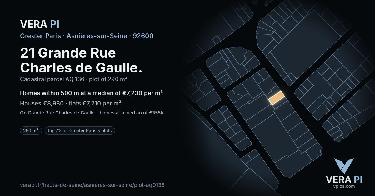 21 Grande Rue Charles de Gaulle, Asnières-sur-Seine at night – the plot lit, the parcels around coloured by the prices near them