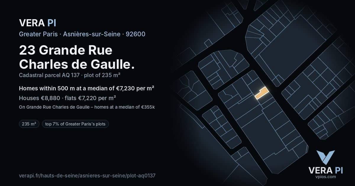 23 Grande Rue Charles de Gaulle, Asnières-sur-Seine at night – the plot lit, the parcels around coloured by the prices near them