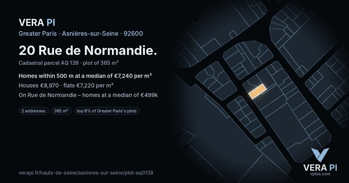 20 Rue de Normandie, Asnières-sur-Seine at night – the plot lit, the parcels around coloured by the prices near them
