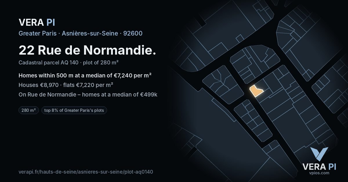 22 Rue de Normandie, Asnières-sur-Seine at night – the plot lit, the parcels around coloured by the prices near them