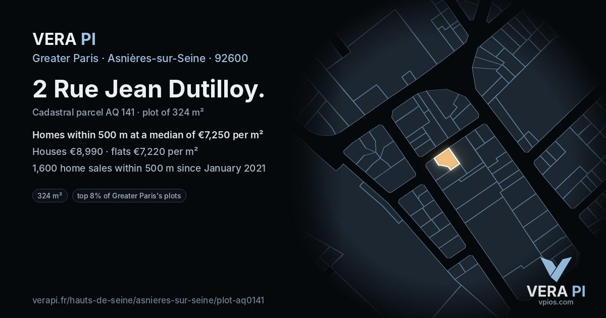 2 Rue Jean Dutilloy, Asnières-sur-Seine at night – the plot lit, the parcels around coloured by the prices near them