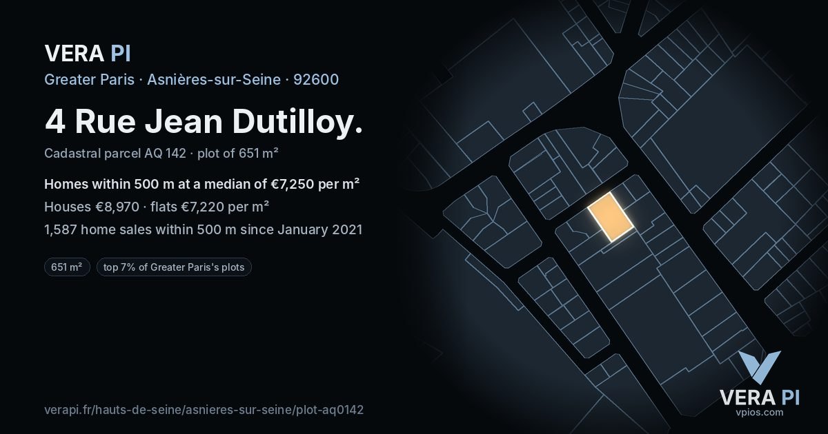 4 Rue Jean Dutilloy, Asnières-sur-Seine at night – the plot lit, the parcels around coloured by the prices near them