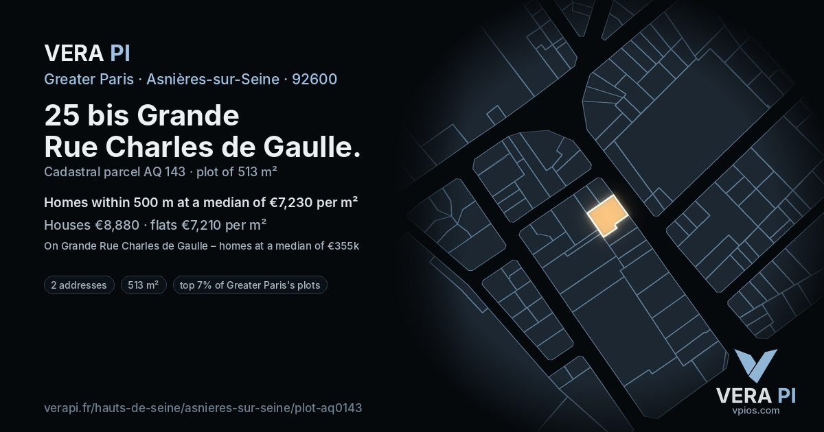 25 bis Grande Rue Charles de Gaulle, Asnières-sur-Seine at night – the plot lit, the parcels around coloured by the prices near them