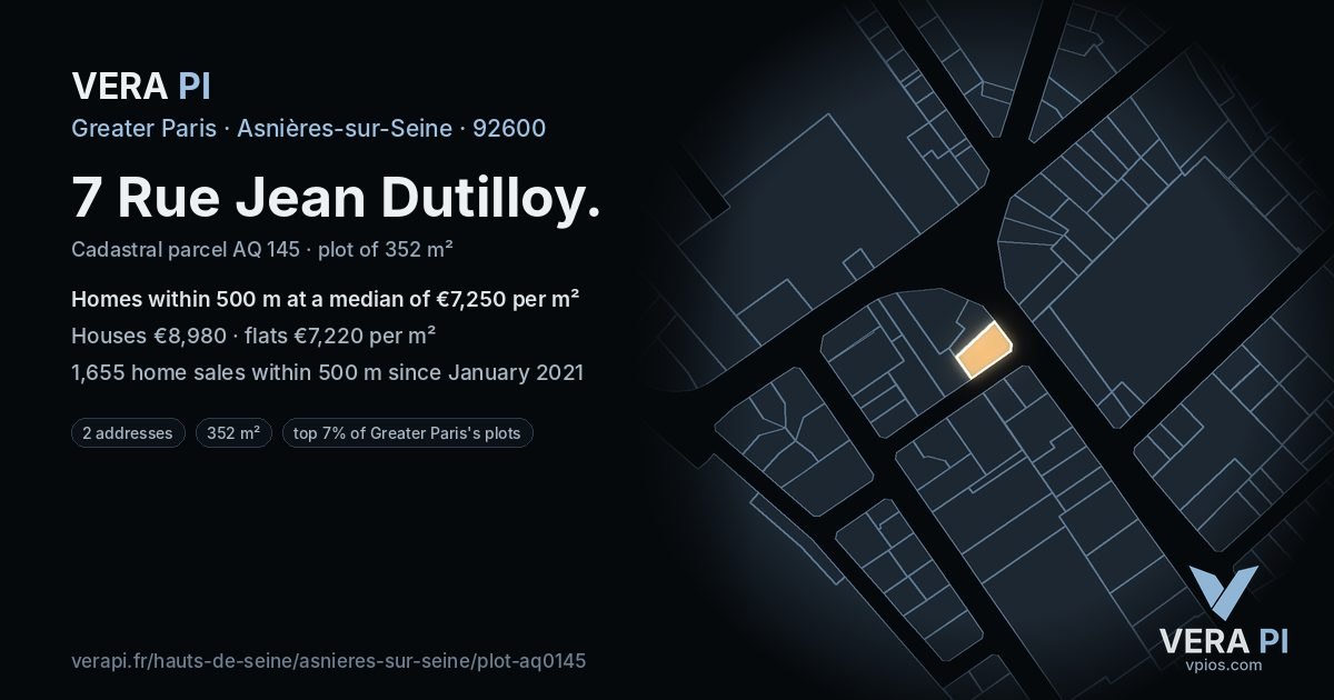 7 Rue Jean Dutilloy, Asnières-sur-Seine at night – the plot lit, the parcels around coloured by the prices near them