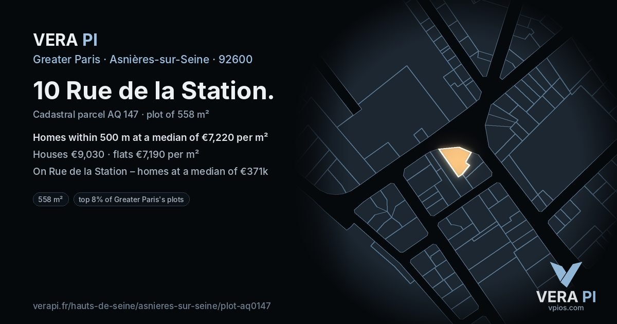 10 Rue de la Station, Asnières-sur-Seine at night – the plot lit, the parcels around coloured by the prices near them
