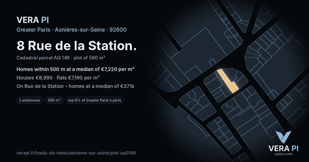 8 Rue de la Station, Asnières-sur-Seine at night – the plot lit, the parcels around coloured by the prices near them