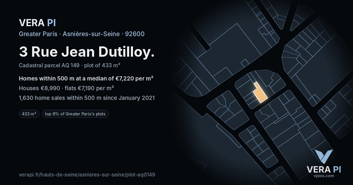 3 Rue Jean Dutilloy, Asnières-sur-Seine at night – the plot lit, the parcels around coloured by the prices near them