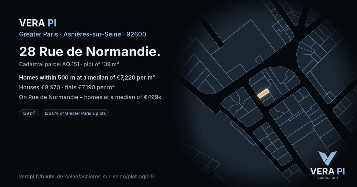 28 Rue de Normandie, Asnières-sur-Seine at night – the plot lit, the parcels around coloured by the prices near them