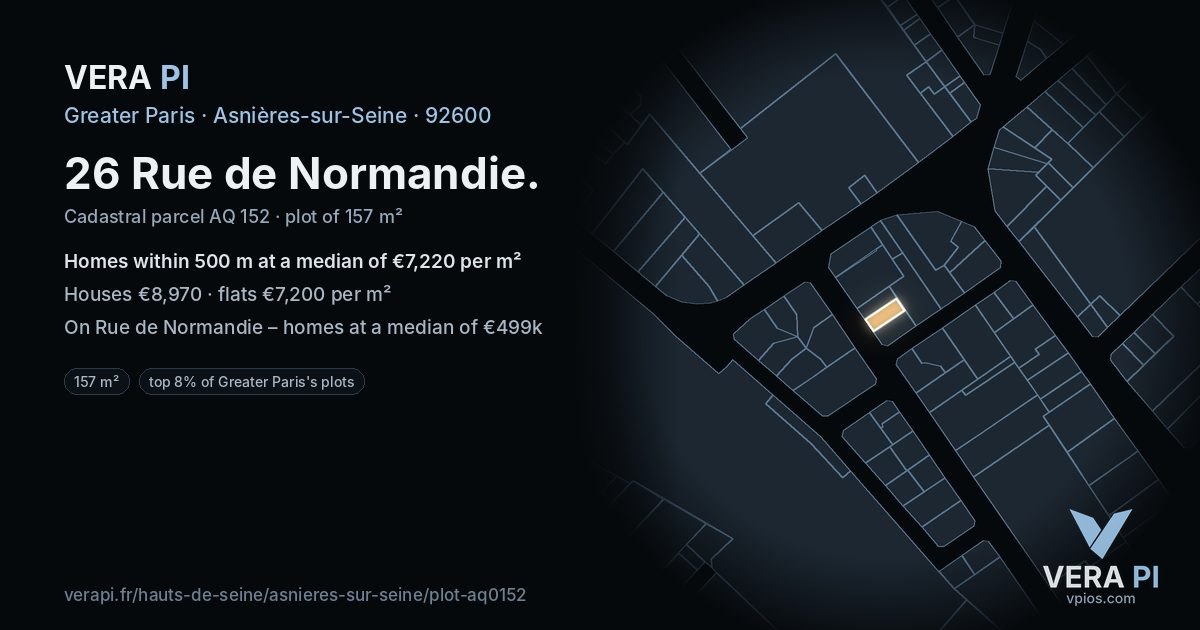 26 Rue de Normandie, Asnières-sur-Seine at night – the plot lit, the parcels around coloured by the prices near them
