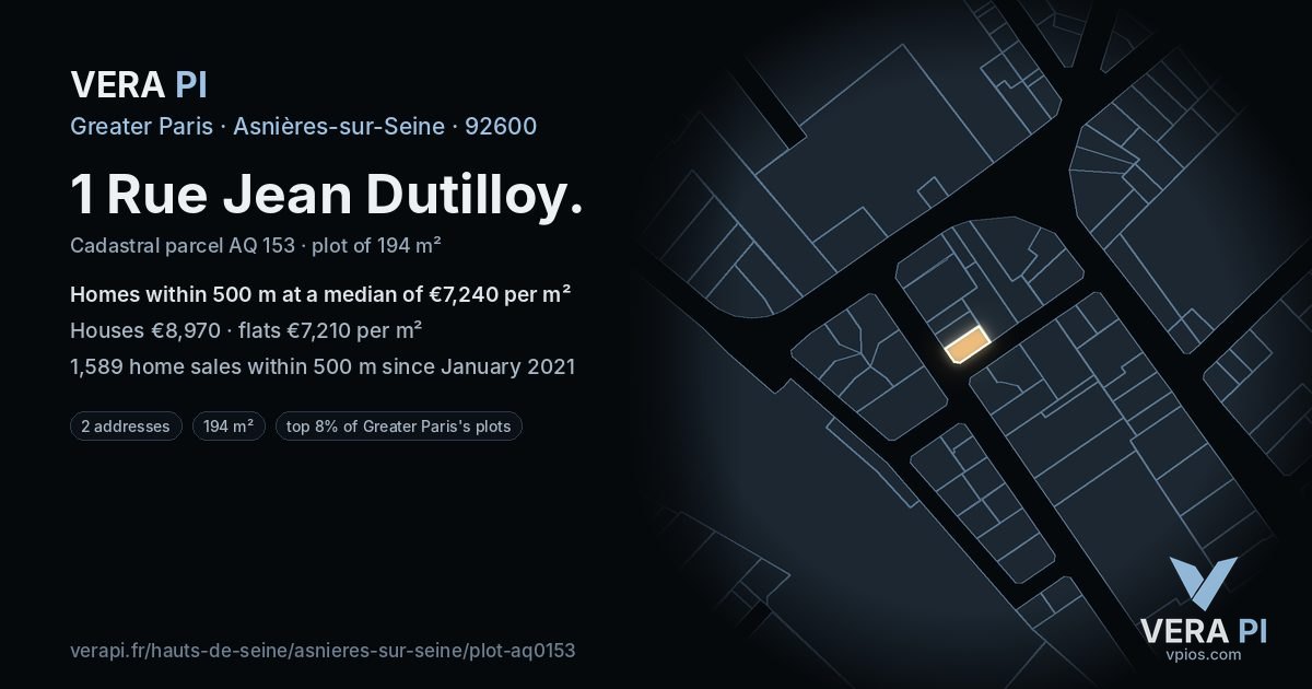 1 Rue Jean Dutilloy, Asnières-sur-Seine at night – the plot lit, the parcels around coloured by the prices near them
