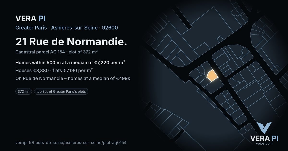 21 Rue de Normandie, Asnières-sur-Seine at night – the plot lit, the parcels around coloured by the prices near them