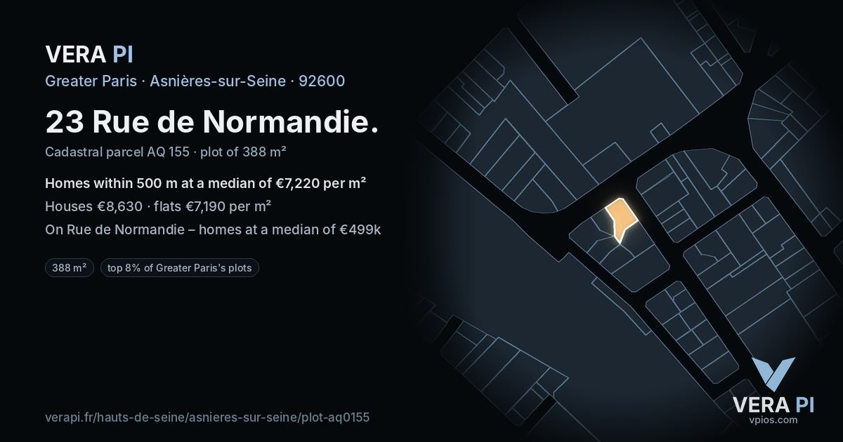 23 Rue de Normandie, Asnières-sur-Seine at night – the plot lit, the parcels around coloured by the prices near them