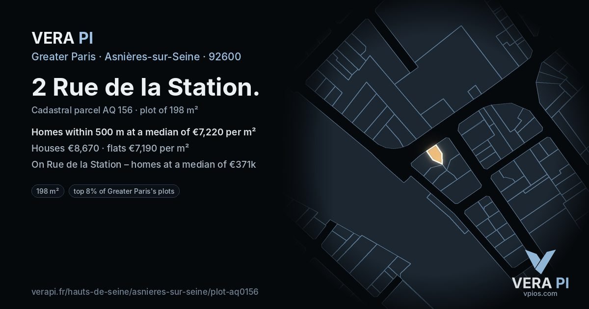 2 Rue de la Station, Asnières-sur-Seine at night – the plot lit, the parcels around coloured by the prices near them