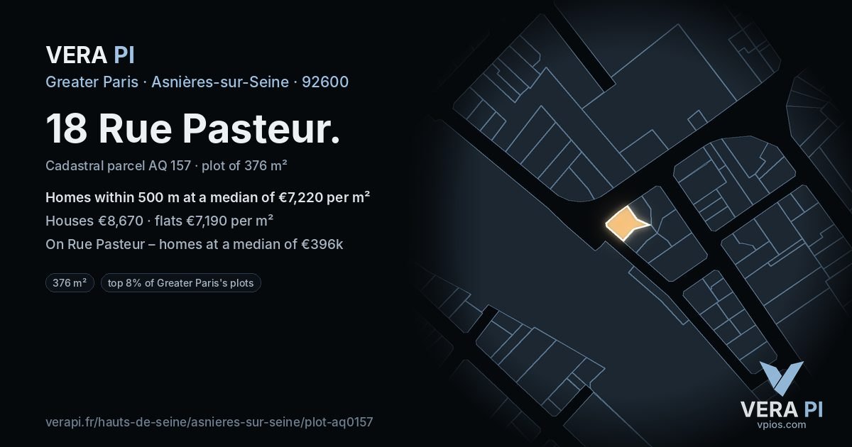 18 Rue Pasteur, Asnières-sur-Seine at night – the plot lit, the parcels around coloured by the prices near them