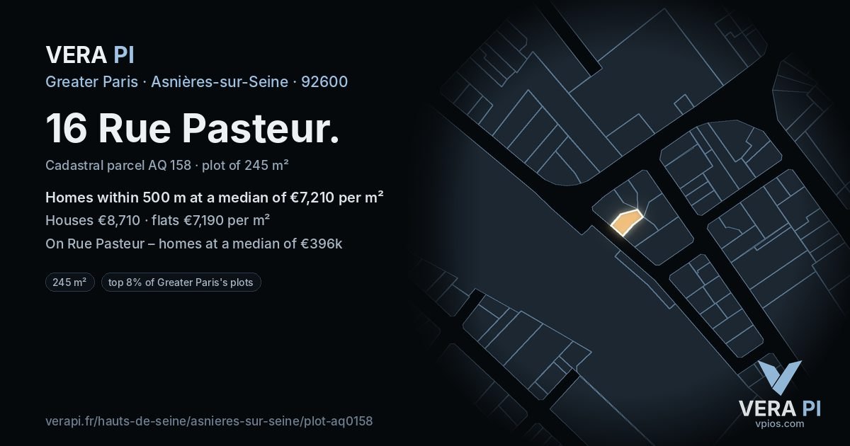 16 Rue Pasteur, Asnières-sur-Seine at night – the plot lit, the parcels around coloured by the prices near them