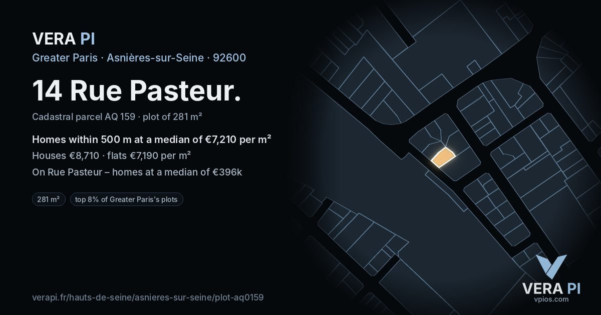 14 Rue Pasteur, Asnières-sur-Seine at night – the plot lit, the parcels around coloured by the prices near them