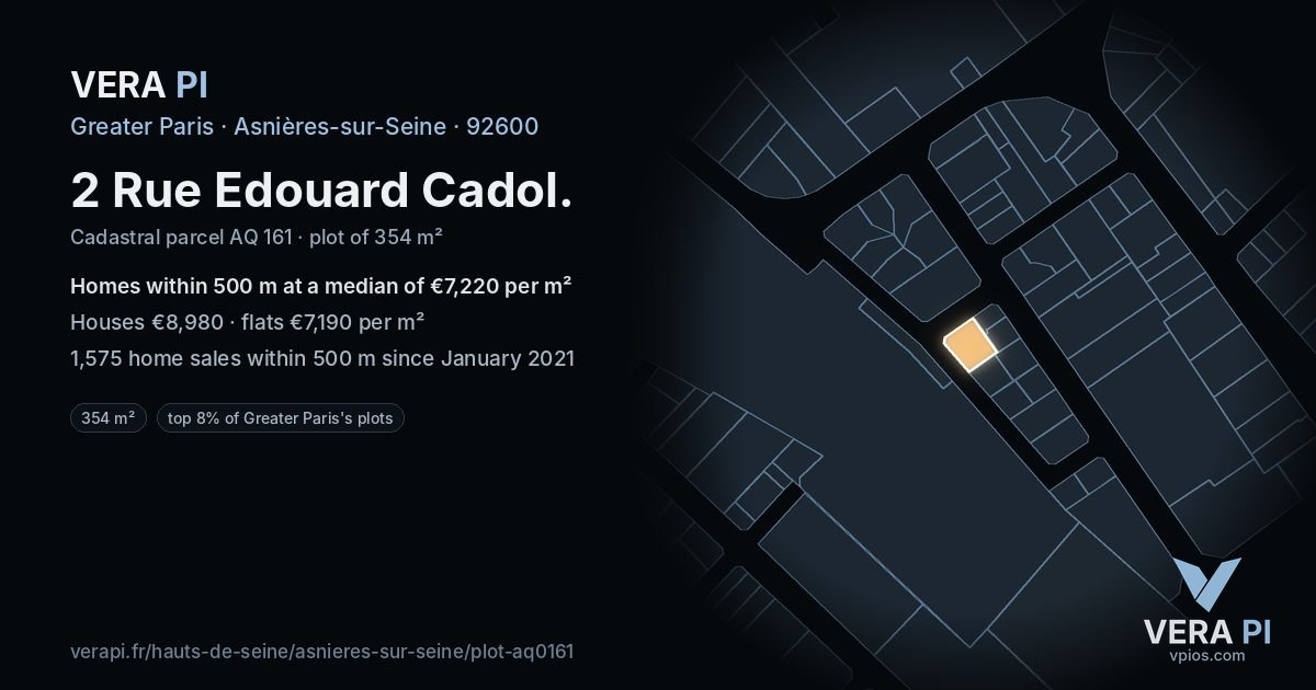 2 Rue Edouard Cadol, Asnières-sur-Seine at night – the plot lit, the parcels around coloured by the prices near them