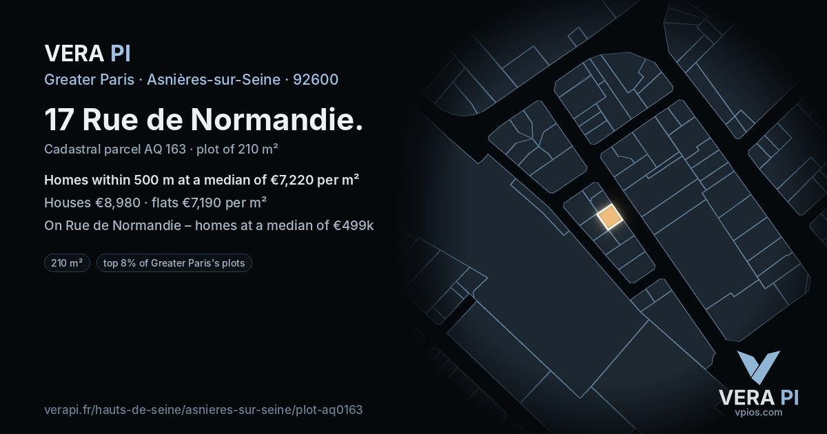 17 Rue de Normandie, Asnières-sur-Seine at night – the plot lit, the parcels around coloured by the prices near them