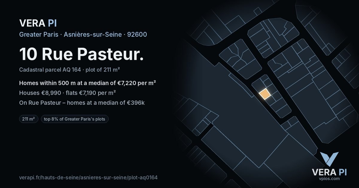 10 Rue Pasteur, Asnières-sur-Seine at night – the plot lit, the parcels around coloured by the prices near them