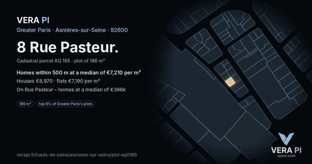 8 Rue Pasteur, Asnières-sur-Seine at night – the plot lit, the parcels around coloured by the prices near them
