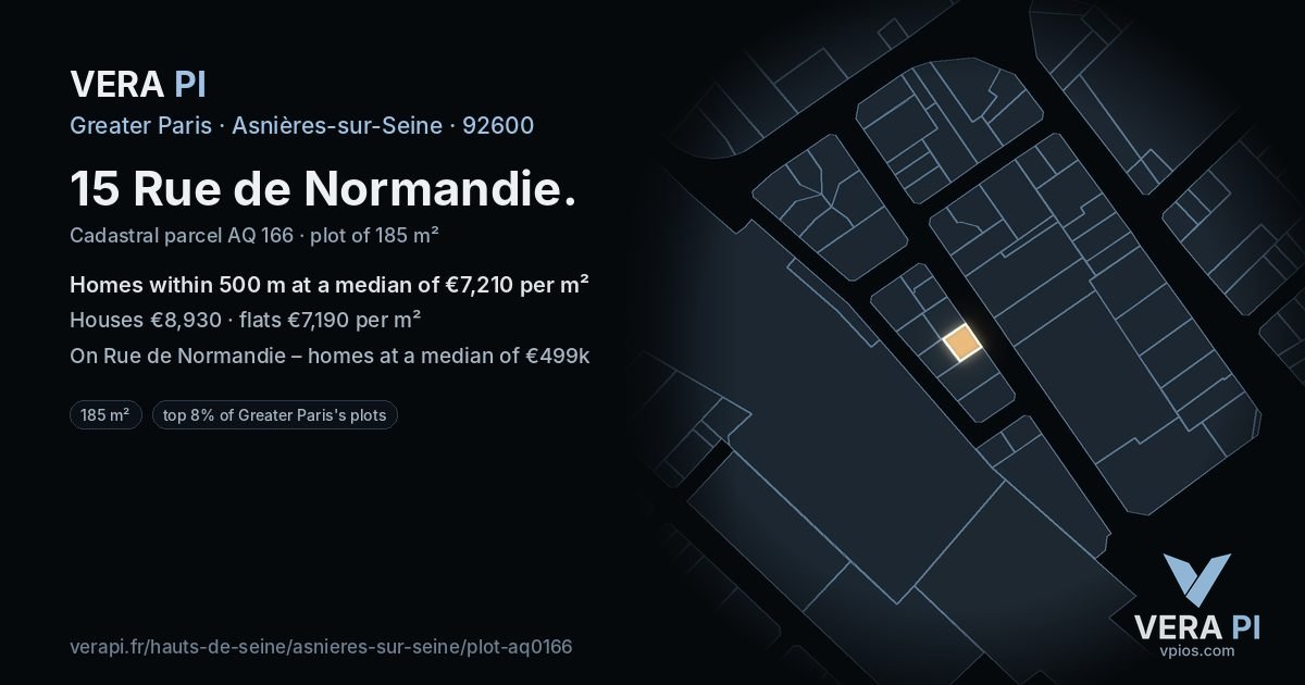 15 Rue de Normandie, Asnières-sur-Seine at night – the plot lit, the parcels around coloured by the prices near them