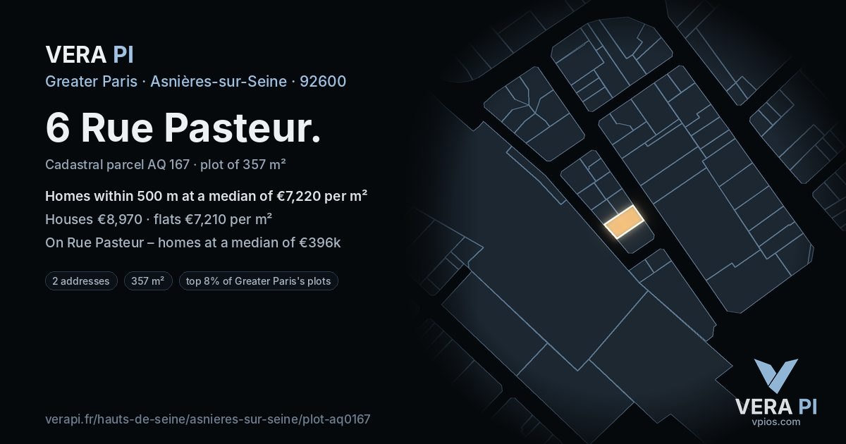6 Rue Pasteur, Asnières-sur-Seine at night – the plot lit, the parcels around coloured by the prices near them