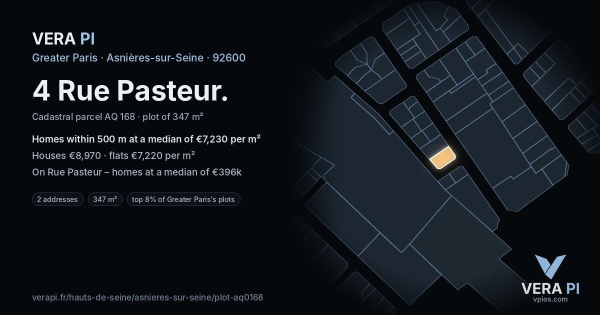 4 Rue Pasteur, Asnières-sur-Seine at night – the plot lit, the parcels around coloured by the prices near them
