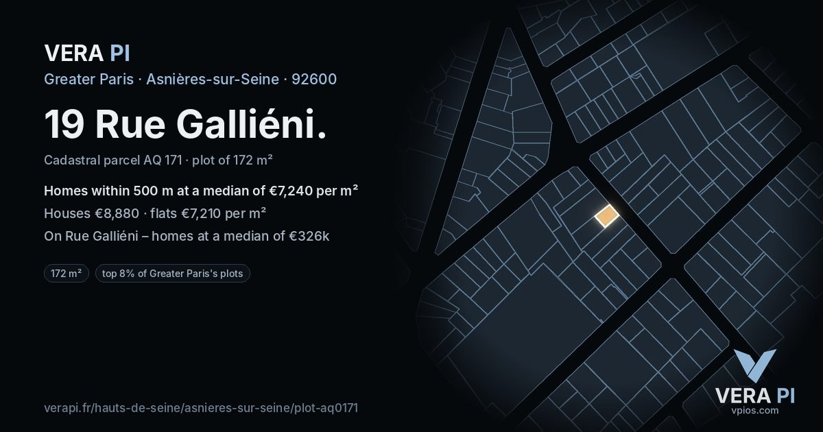 19 Rue Galliéni, Asnières-sur-Seine at night – the plot lit, the parcels around coloured by the prices near them
