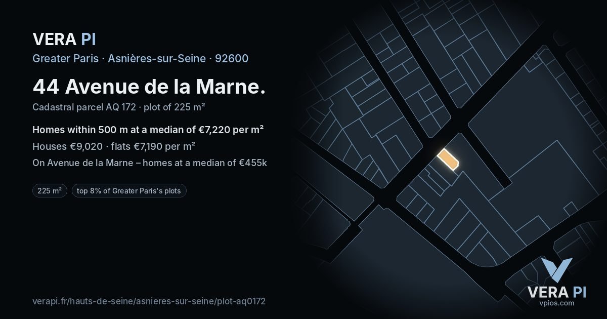 44 Avenue de la Marne, Asnières-sur-Seine at night – the plot lit, the parcels around coloured by the prices near them