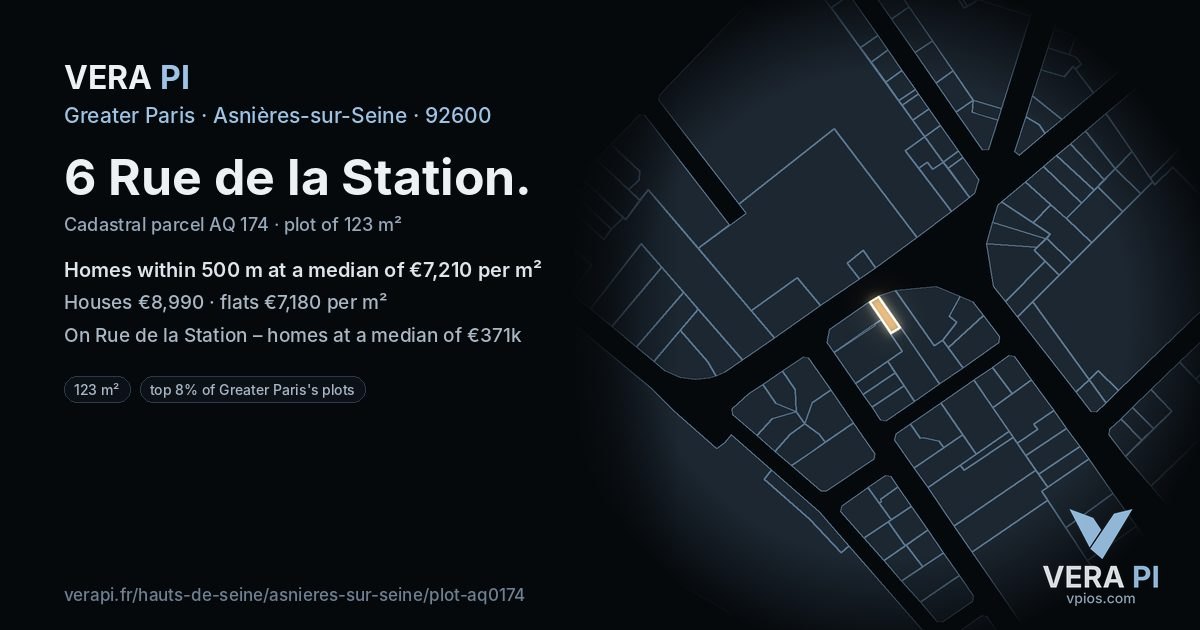 6 Rue de la Station, Asnières-sur-Seine at night – the plot lit, the parcels around coloured by the prices near them