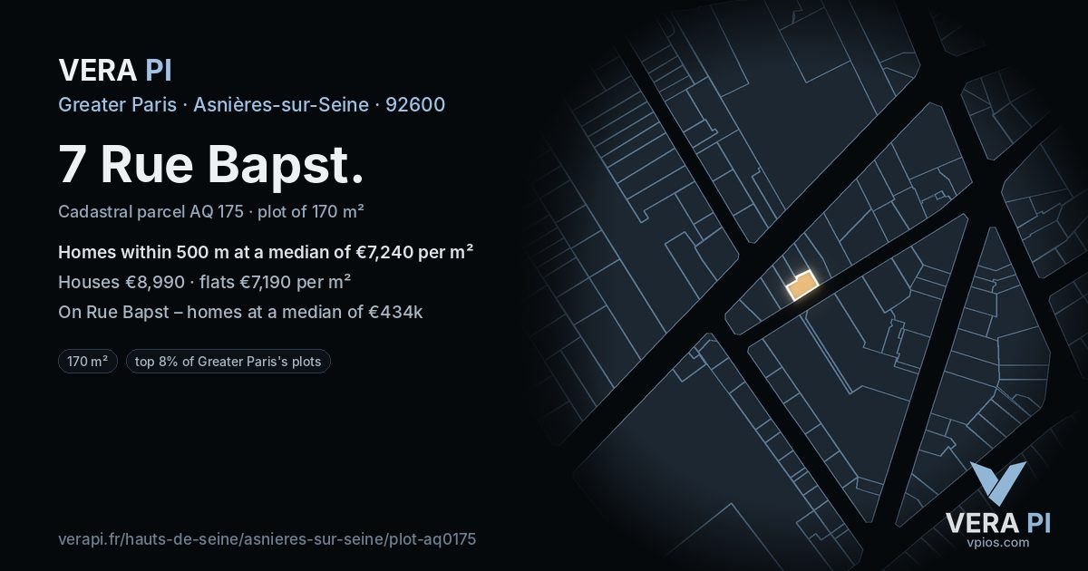 7 Rue Bapst, Asnières-sur-Seine at night – the plot lit, the parcels around coloured by the prices near them