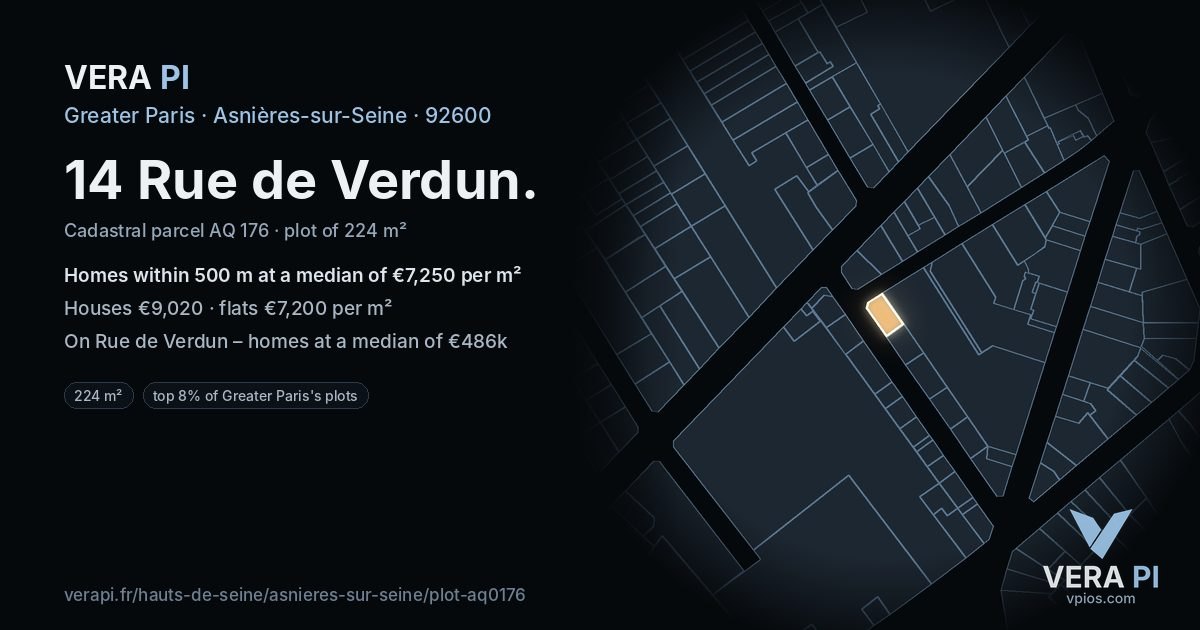 14 Rue de Verdun, Asnières-sur-Seine at night – the plot lit, the parcels around coloured by the prices near them
