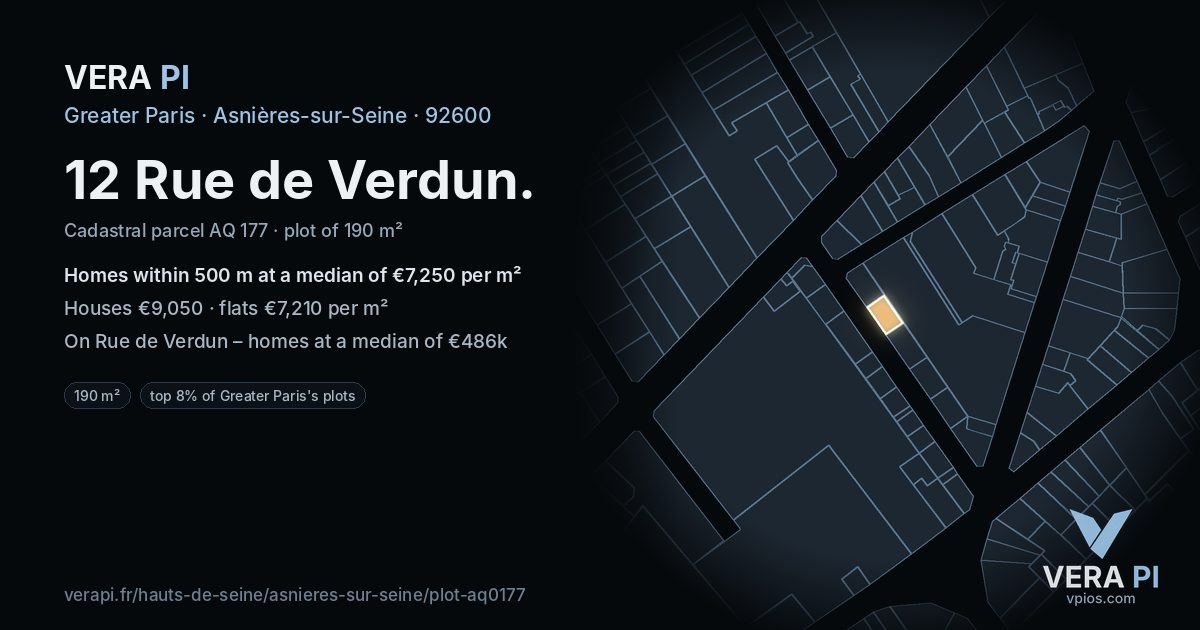 12 Rue de Verdun, Asnières-sur-Seine at night – the plot lit, the parcels around coloured by the prices near them
