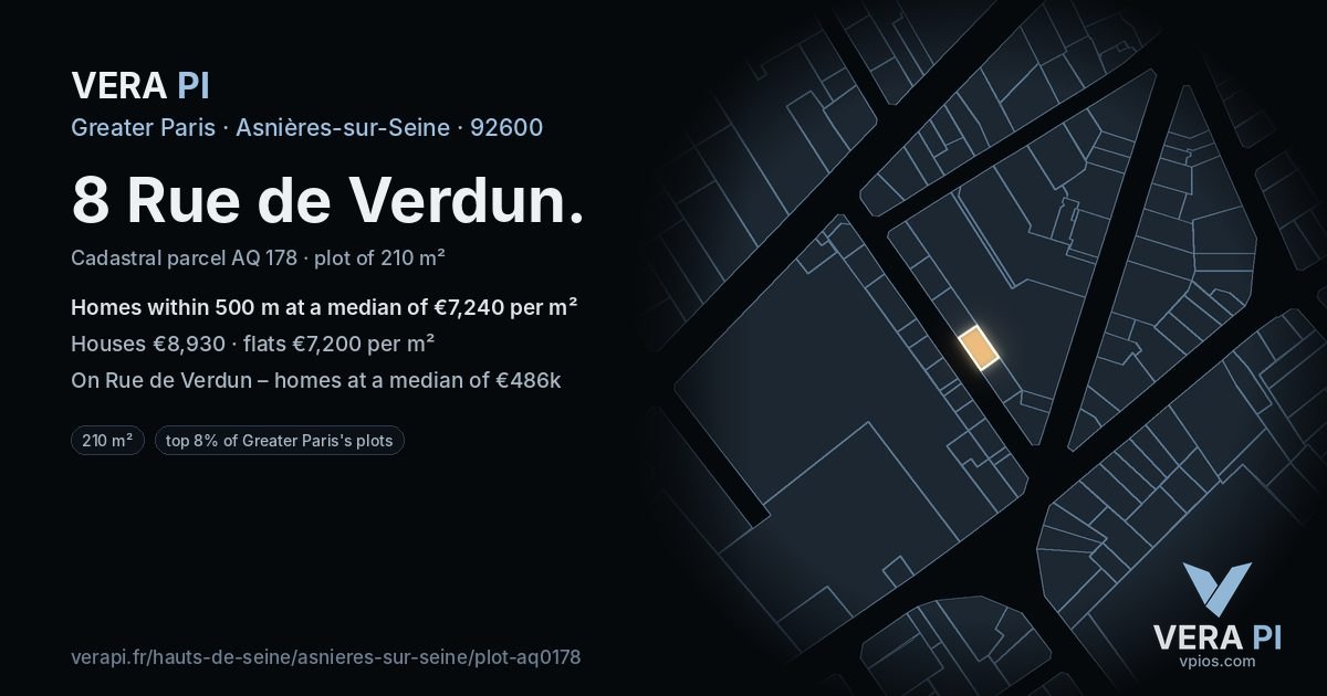 8 Rue de Verdun, Asnières-sur-Seine at night – the plot lit, the parcels around coloured by the prices near them